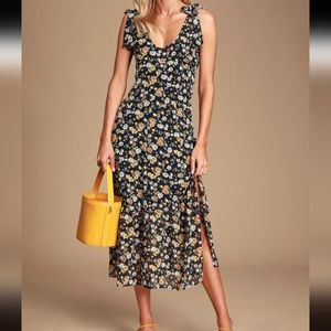 Lulu's Quite a Sight Black Floral Print Tie-Strap Midi Dress
